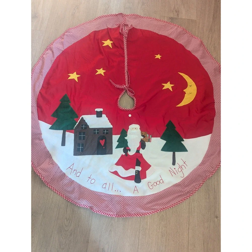 VTG Christmas Tree Skirt Felt Patchwork Applique Gingham Trim  Santa Claus 48'